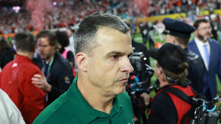 Jan 19, 2026; Miami Gardens, FL, USA; Miami Hurricanes head coach Mario Cristobal reacts after the College Football Playoff National Championship game at Hard Rock Stadium. Mandatory Credit: Mark J. Rebilas-Imagn Images