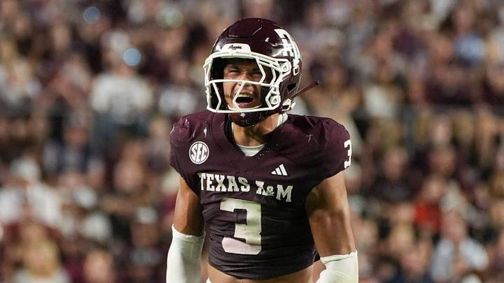 Aug 30, 2025; College Station, Texas, USA; Texas A&M Aggies safety Marcus Ratcliffe (3) celebrates during the second half against the UTSA Roadrunners at Kyle Field. Mandatory Credit: Sean Thomas-Imagn Images
