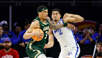 Mar 16, 2025; Fort Worth, TX, USA;  UAB Blazers forward Yaxel Lendeborg (3) drives to the basket as Memphis Tigers forward Nicholas Jourdain (2) defends during the first half at Dickies Arena. Mandatory Credit: Chris Jones-Imagn Images