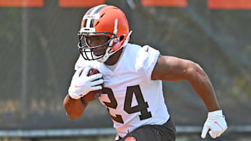 Jul 28, 2021; Berea, Ohio, USA; Cleveland Browns running back Nick Chubb (24) runs a drill during training camp at CrossCountry Mortgage Campus. Mandatory Credit: Ken Blaze-Imagn Images