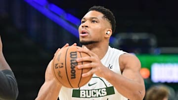 Oct 30, 2025; Milwaukee, Wisconsin, USA;  Milwaukee Bucks forward Giannis Antetokounmpo (34) warms up before game against the Golden State Warriors at Fiserv Forum. Mandatory Credit: Benny Sieu-Imagn Images