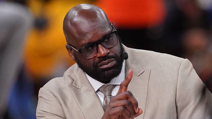 Jun 5, 2022; San Francisco, California, USA; NBA analyst and former player Shaquille O'Neal speaks before the game between the Golden State Warriors and the Boston Celtics during game two of the 2022 NBA Finals at Chase Center. Mandatory Credit: Cary Edmondson-Imagn Images