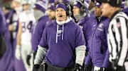 Nov 30, 2024; Ames, Iowa, USA; Kansas State Wildcats head coach Chris Klieman watches his team play the Iowa State Cyclones in the first quarter at at Jack Trice Stadium. Mandatory Credit: Reese Strickland-Imagn Images