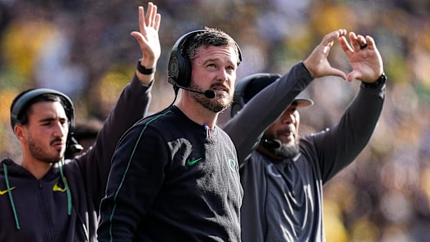 Oregon coach Dan Lanning watches his team's game against Michigan at Michigan Stadium in Ann Arbor on Saturday, Nov. 2, 2024.