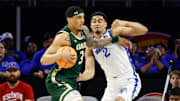 Mar 16, 2025; Fort Worth, TX, USA;  UAB Blazers forward Yaxel Lendeborg (3) drives to the basket as Memphis Tigers forward Nicholas Jourdain (2) defends during the first half at Dickies Arena. Mandatory Credit: Chris Jones-Imagn Images