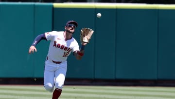 Jul 28, 2024; Anaheim, California, USA;  Los Angeles Angels center fielder Kevin Pillar (12) catches a fly ball during the first inning against the Oakland Athletics at Angel Stadium. Mandatory Credit: Kiyoshi Mio-USA TODAY Sports