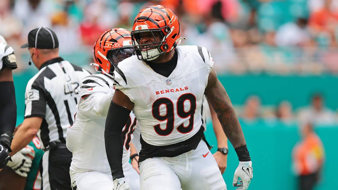 Dec 21, 2025; Miami Gardens, Florida, USA; Cincinnati Bengals defensive end Myles Murphy (99) reacts after a play during the third quarter against the Miami Dolphins at Hard Rock Stadium. Mandatory Credit: Sam Navarro-Imagn Images