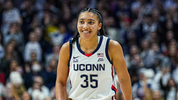 Feb 12, 2025; Storrs, Connecticut, USA; UConn Huskies guard Azzi Fudd (35) reacts after her three point basket against the St. John's Red Storm in the second half at Harry A. Gampel Pavilion. Mandatory Credit: David Butler II-Imagn Images