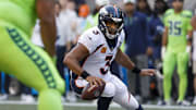Sep 12, 2022; Seattle, Washington, USA; Denver Broncos quarterback Russell Wilson (3) looks to pass against the Seattle Seahawks during the first quarter at Lumen Field. Mandatory Credit: Joe Nicholson-Imagn Images