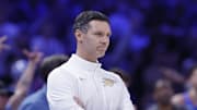 Oct 21, 2025; Oklahoma City, Oklahoma, USA; Oklahoma City Thunder head coach Mark Daigneault watches his team play against the Houston Rockets during the second half at Paycom Center. Mandatory Credit: Alonzo Adams-Imagn Images