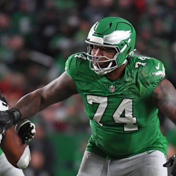 Nov 3, 2024; Philadelphia, Pennsylvania, USA; Philadelphia Eagles offensive tackle Fred Johnson (74) locks against the Jacksonville Jaguars at Lincoln Financial Field. Mandatory Credit: Eric Hartline-Imagn Images