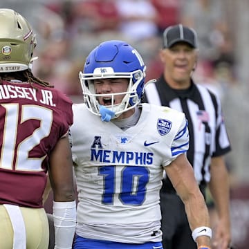 Sep 14, 2024; Tallahassee, Florida, USA; Memphis Tigers wide receiver Koby Drake (10) celebrates after a big play against the Florida State Seminoles during the first half at Doak S. Campbell Stadium. Mandatory Credit: Melina Myers-Imagn Images