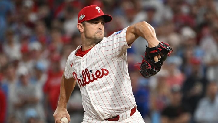 Oct 4, 2025; Philadelphia, Pennsylvania, USA; Philadelphia Phillies pitcher David Robertson (30) throws a pitch during the seventh inning against the Los Angeles Dodgers during game one of the NLDS round for the 2025 MLB playoffs at Citizens Bank Park. Mandatory Credit: Eric Hartline-Imagn Images 