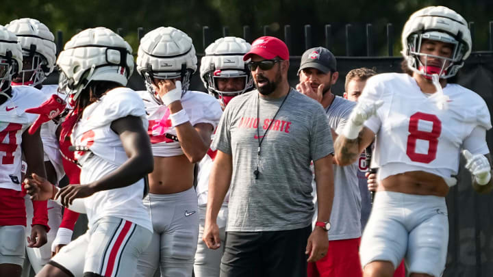 Aug 8, 2024; Columbus, Ohio, USA; Ohio State Buckeyes head coach Ryan Day oversees football practice at the Woody Hayes Athletic Complex.