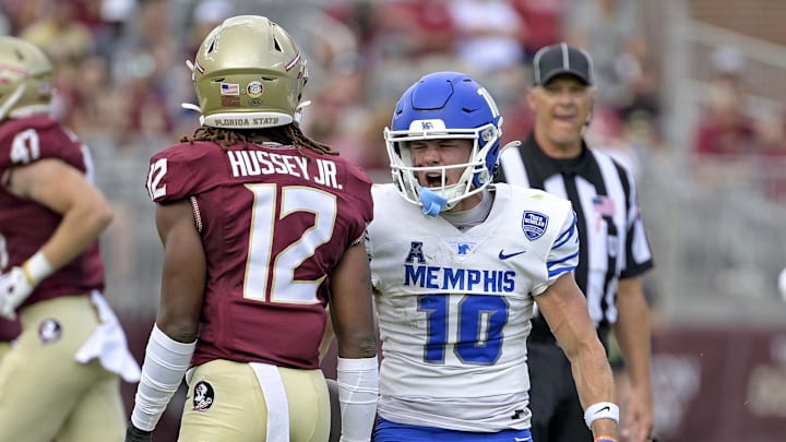 Sep 14, 2024; Tallahassee, Florida, USA; Memphis Tigers wide receiver Koby Drake (10) celebrates after a big play against the Florida State Seminoles during the first half at Doak S. Campbell Stadium. Mandatory Credit: Melina Myers-Imagn Images