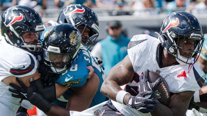 Houston Texans running back Woody Marks (27) runs upfield during the third quarter between the Houston Texans and the Jacksonville Jaguars Sunday September 21, 2025 at EverBank Stadium in Jacksonville, Fla. The Jaguars defeated the Texans 17-10. [Doug Engle/Florida Times-Union]