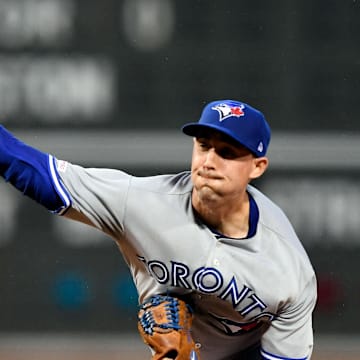 Boston, MA, USA; Toronto Blue Jays starting pitcher Aaron Sanchez (41) pitches against the Boston Red Sox during the first inning at Fenway Park.