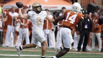 Nov 1, 2025; Austin, Texas, USA; Vanderbilt Commodores quarterback Diego Pavia (2) throws a pass during the first half against the Texas Longhorns at Darrell K Royal-Texas Memorial Stadium. Mandatory Credit: Scott Wachter-Imagn Images
