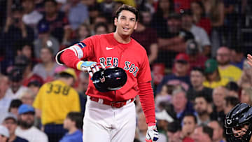 Aug 23, 2024; Boston, Massachusetts, USA; Boston Red Sox first baseman Triston Casas (36) reacts to fans during the sixth inning against the Arizona Diamondbacks at Fenway Park. Mandatory Credit: Eric Canha-Imagn Images
