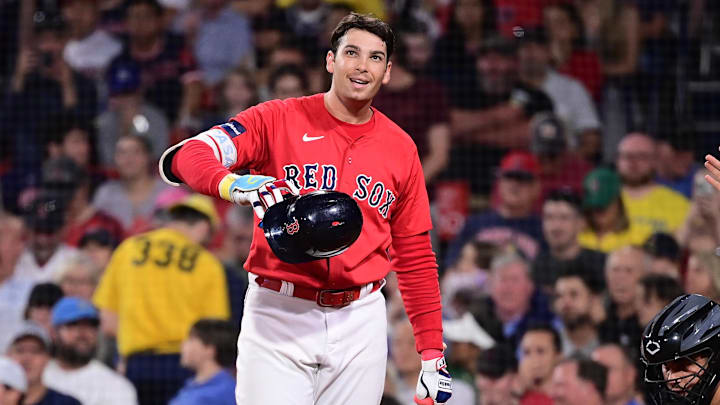 Aug 23, 2024; Boston, Massachusetts, USA; Boston Red Sox first baseman Triston Casas (36) reacts to fans during the sixth inning against the Arizona Diamondbacks at Fenway Park. Mandatory Credit: Eric Canha-Imagn Images