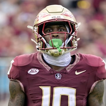 Sep 14, 2024; Tallahassee, Florida, USA; Florida State Seminoles wide receiver Malik Benson (10) looks on during a game against the Memphis Tigers at Doak S. Campbell Stadium. Mandatory Credit: Melina Myers-Imagn Images