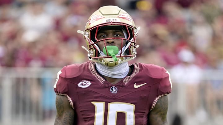 Sep 14, 2024; Tallahassee, Florida, USA; Florida State Seminoles wide receiver Malik Benson (10) looks on during a game against the Memphis Tigers at Doak S. Campbell Stadium. Mandatory Credit: Melina Myers-Imagn Images