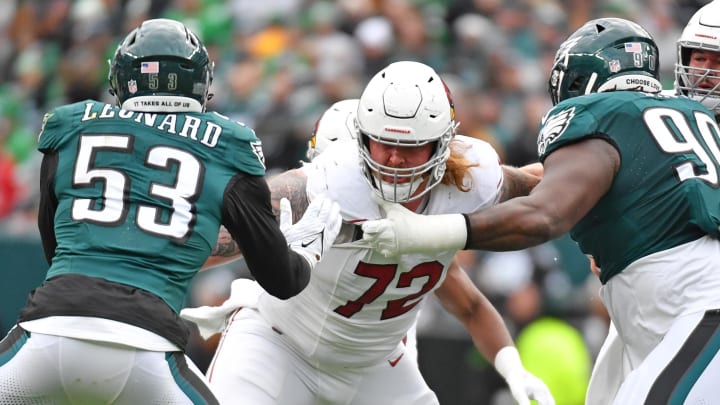 Dec 31, 2023; Philadelphia, Pennsylvania, USA; Arizona Cardinals guard Hjalte Froholdt (72) blocks against Philadelphia Eagles linebacker Shaquille Leonard (53) and defensive tackle Jordan Davis (90) at Lincoln Financial Field. Mandatory Credit: Eric Hartline-USA TODAY Sports