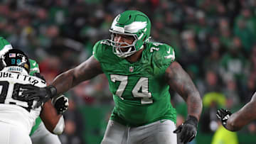 Nov 3, 2024; Philadelphia, Pennsylvania, USA; Philadelphia Eagles offensive tackle Fred Johnson (74) locks against the Jacksonville Jaguars at Lincoln Financial Field. Mandatory Credit: Eric Hartline-Imagn Images