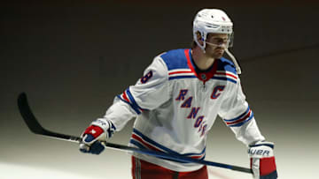 Oct 9, 2024; Pittsburgh, Pennsylvania, USA;  New York Rangers defenseman Jacob Trouba (8) takes the ice against the Pittsburgh Penguins during the first period at PPG Paints Arena. Mandatory Credit: Charles LeClaire-Imagn Images