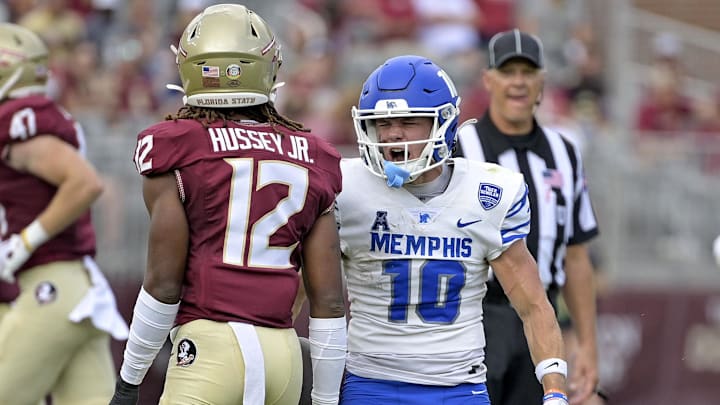 Sep 14, 2024; Tallahassee, Florida, USA; Memphis Tigers wide receiver Koby Drake (10) celebrates after a big play against the Florida State Seminoles during the first half at Doak S. Campbell Stadium. Mandatory Credit: Melina Myers-Imagn Images