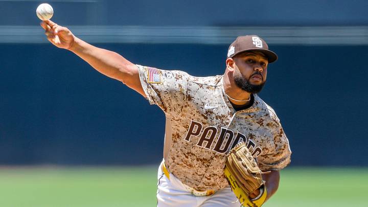 Jun 7, 2026; San Diego, California, USA; San Diego Padres starting pitcher Randy Vasquez (98) throws a pitch during the first inning against the New York Mets at Petco Park. Mandatory Credit: David Frerker-Imagn Images