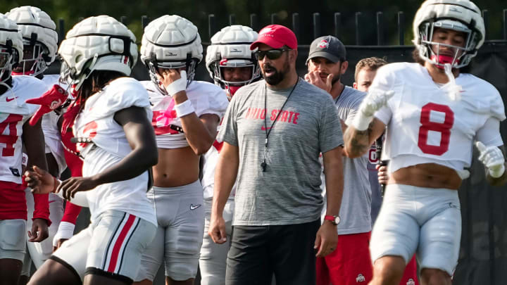 Aug 8, 2024; Columbus, Ohio, USA; Ohio State Buckeyes head coach Ryan Day oversees football practice at the Woody Hayes Athletic Complex.