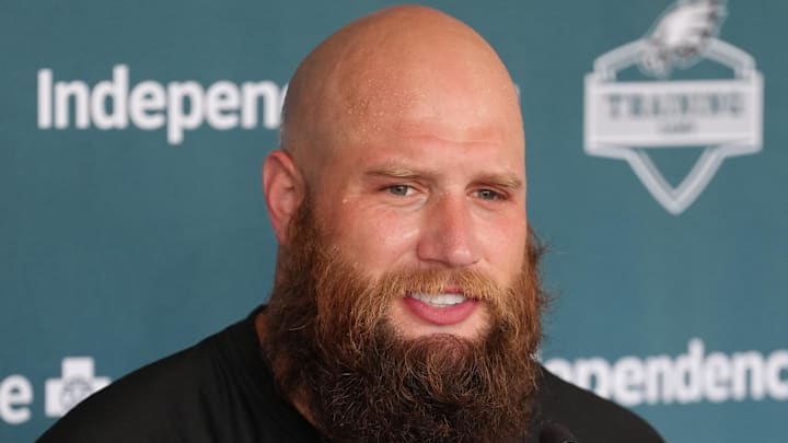 Jul 23, 2025; Philadelphia, PA, USA; Philadelphia Eagles offensive lineman Lane Johnson (65) addresses media during training camp at NovaCare Complex. Mandatory Credit: Kyle Ross-Imagn Images