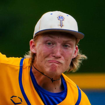 Martensdale St Marys' Travis White (13) pitches during the 1A state championship on July 25, 2025, at Merchants Park in Carroll, Iowa.
