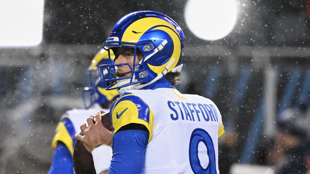 Jan 18, 2026; Chicago, IL, USA; Los Angeles Rams quarterback Matthew Stafford (9) warms up before an NFC Divisional Round game against the Chicago Bears at Soldier Field. Mandatory Credit: Matt Marton-Imagn Images