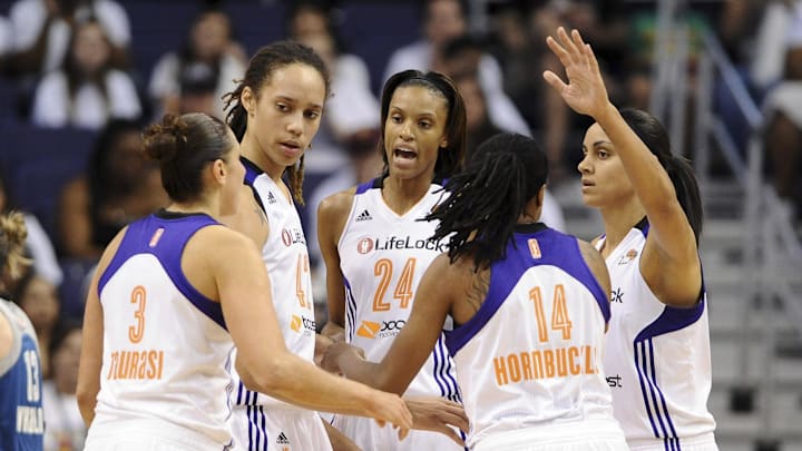 Sep 29, 2013; Phoenix, AZ, USA; Phoenix Mercury guard Diana Taurasi (3), center Brittney Griner (42), guard DeWanna Bonner (24), guard Alexis Hornbuckle (14) and forward Candice Dupree (4) huddle up on the court in the game against the Minnesota Lynx in the first half at US Airways Center. Mandatory Credit: Jennifer Stewart-Imagn Images Sep 29, 2013; Phoenix, AZ, USA; Phoenix Mercury guard Diana Taurasi (3), center Brittney Griner (42), guard DeWanna Bonner (24), guard Alexis Hornbuckle (14) and forward Candice Dupree (4) huddle up on the court in the game against the Minnesota Lynx in the first half at US Airways Center. Mandatory Credit: Jennifer Stewart-Imagn Images