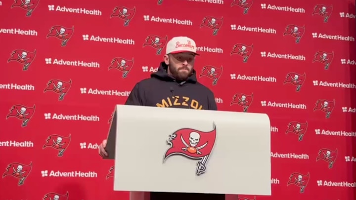 Baker Mayfield during a Tampa Bay Buccaneers press conference on Dec. 4, 2024. Baker Mayfield during a Tampa Bay Buccaneers press conference on Dec. 4, 2024.