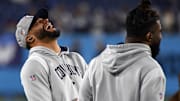 Dallas Cowboys quarterback Dak Prescott laughs during warmups before the game against the Tennessee Titans at Nissan Stadium.