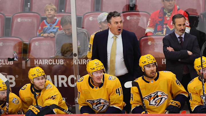 Mar 21, 2024; Sunrise, Florida, USA; Nashville Predators head coach Andrew Brunette reacts from the bench against the Florida Panthers during the third period at Amerant Bank Arena. Mandatory Credit: Sam Navarro-Imagn Images