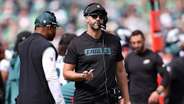 Sep 21, 2025; Philadelphia, Pennsylvania, USA; Philadelphia Eagles head coach Nick Sirianni during the first half at Lincoln Financial Field.