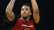 Mar 26, 2025; San Francisco, CA, USA; Arkansas Razorbacks guard Boogie Fland (2) shoots the basketball during NCAA Tournament West Regional Practice at Chase Center. Mandatory Credit: Eakin Howard-Imagn Images