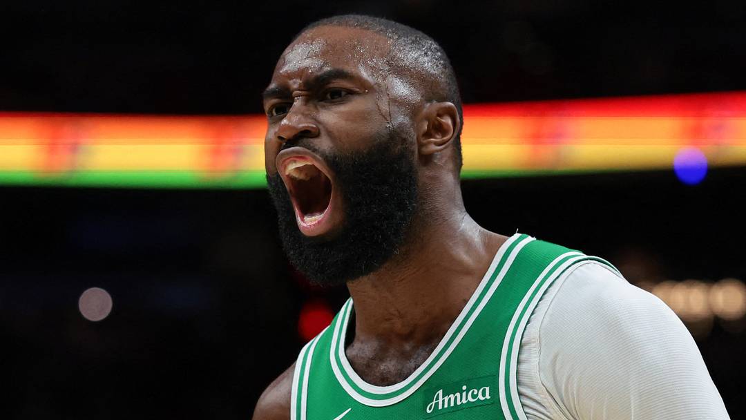 Apr 1, 2026; Miami, Florida, USA; Boston Celtics guard Jaylen Brown (7) reacts against the Miami Heat during the third quarter at Kaseya Center. Mandatory Credit: Sam Navarro-Imagn Images