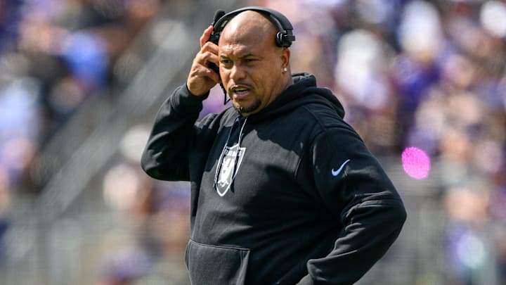 Sep 15, 2024; Baltimore, Maryland, USA; Las Vegas Raiders head coach Antonio Pierce looks on from the sideline during the first half against the Baltimore Ravens at M&T Bank Stadium. Mandatory Credit: Reggie Hildred-Imagn Images Sep 15, 2024; Baltimore, Maryland, USA; Las Vegas Raiders head coach Antonio Pierce looks on from the sideline during the first half against the Baltimore Ravens at M&T Bank Stadium. Mandatory Credit: Reggie Hildred-Imagn Images