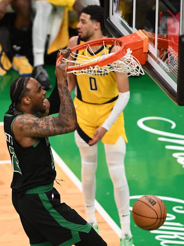 Boston Celtics forward Oshae Brissett (12) dunks the ball vs. the Indiana Pacers in Game 2 of the Eastern Conference Finals.