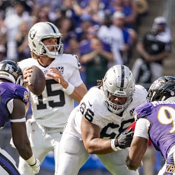 Sep 15, 2024; Baltimore, Maryland, USA;  Las Vegas Raiders quarterback Gardner Minshew (15) looks to pass from the pocket during the second half against the Baltimore Ravens at M&T Bank Stadium. Mandatory Credit: Tommy Gilligan-Imagn Images