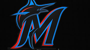 A general view of the Miami Marlins illuminated logo at loanDepot park during the game between the Miami Marlins and the Arizona Diamondbacks.