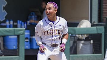 May 31, 2024; Chapel Hill, NC, USA; LSU infielder Steven Milam (4) celebrates his winning home run against the Wofford Terriers during the NCAA Regional in Chapel Hill. Mandatory Credit: Jim Dedmon-Imagn Images