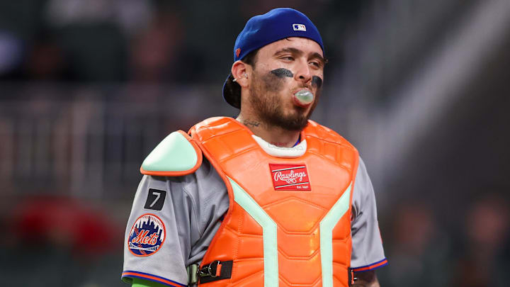 Jun 19, 2025; Atlanta, Georgia, USA; New York Mets catcher Francisco Alvarez (4) walks to the dugout against the Atlanta Braves in the eighth inning at Truist Park