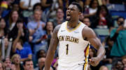 Mar 11, 2025; New Orleans, Louisiana, USA; New Orleans Pelicans forward Zion Williamson (1) reacts after a dunk against the Los Angeles Clippers during the fourth quarter at Smoothie King Center.