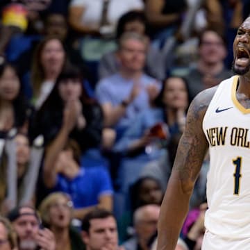 Mar 11, 2025; New Orleans, Louisiana, USA; New Orleans Pelicans forward Zion Williamson (1) reacts after a dunk against the Los Angeles Clippers during the fourth quarter at Smoothie King Center.